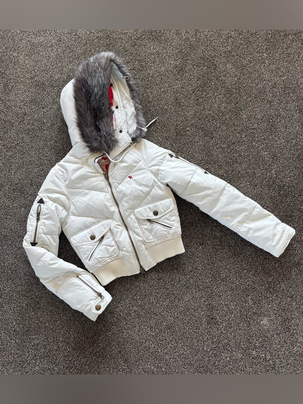 ABERCROMBIE Y2K White Puffer Jacket Coat Small Vintage Ski Faux Fur